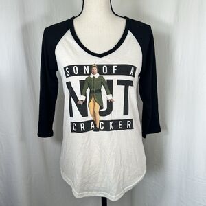 ELF Son of a Nutcracker Womens Raglan Shirt Small Black White Holiday Graphic T